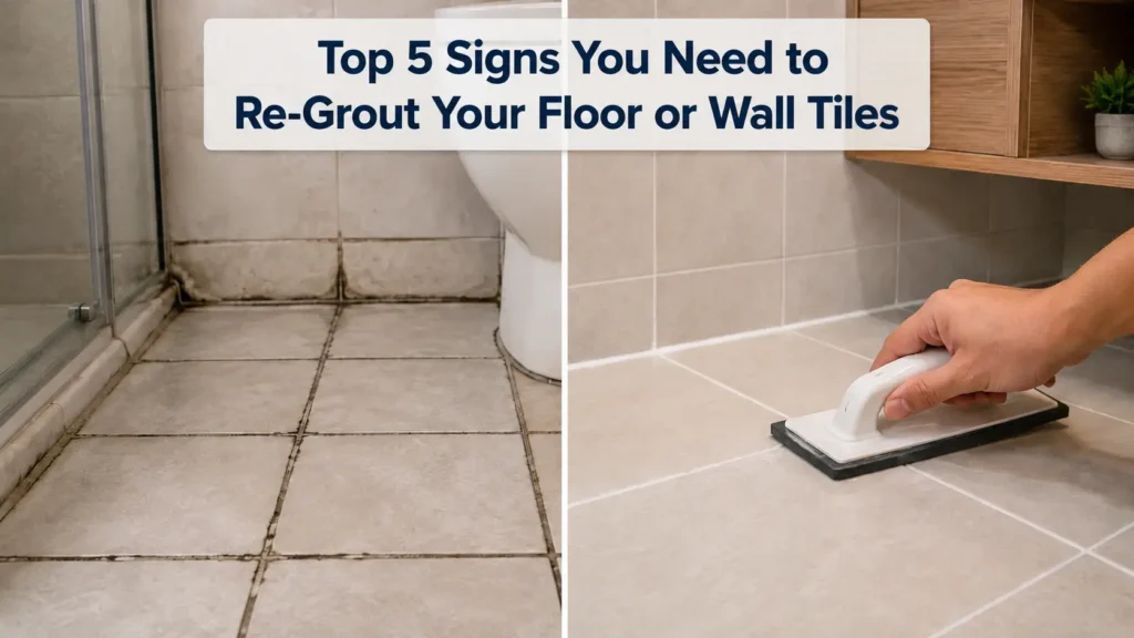 Singapore bathroom tile regrouting before and after with damaged grout and professionally restored clean grout lines