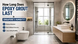 Epoxy grout installed between tiles in a humid Singapore bathroom