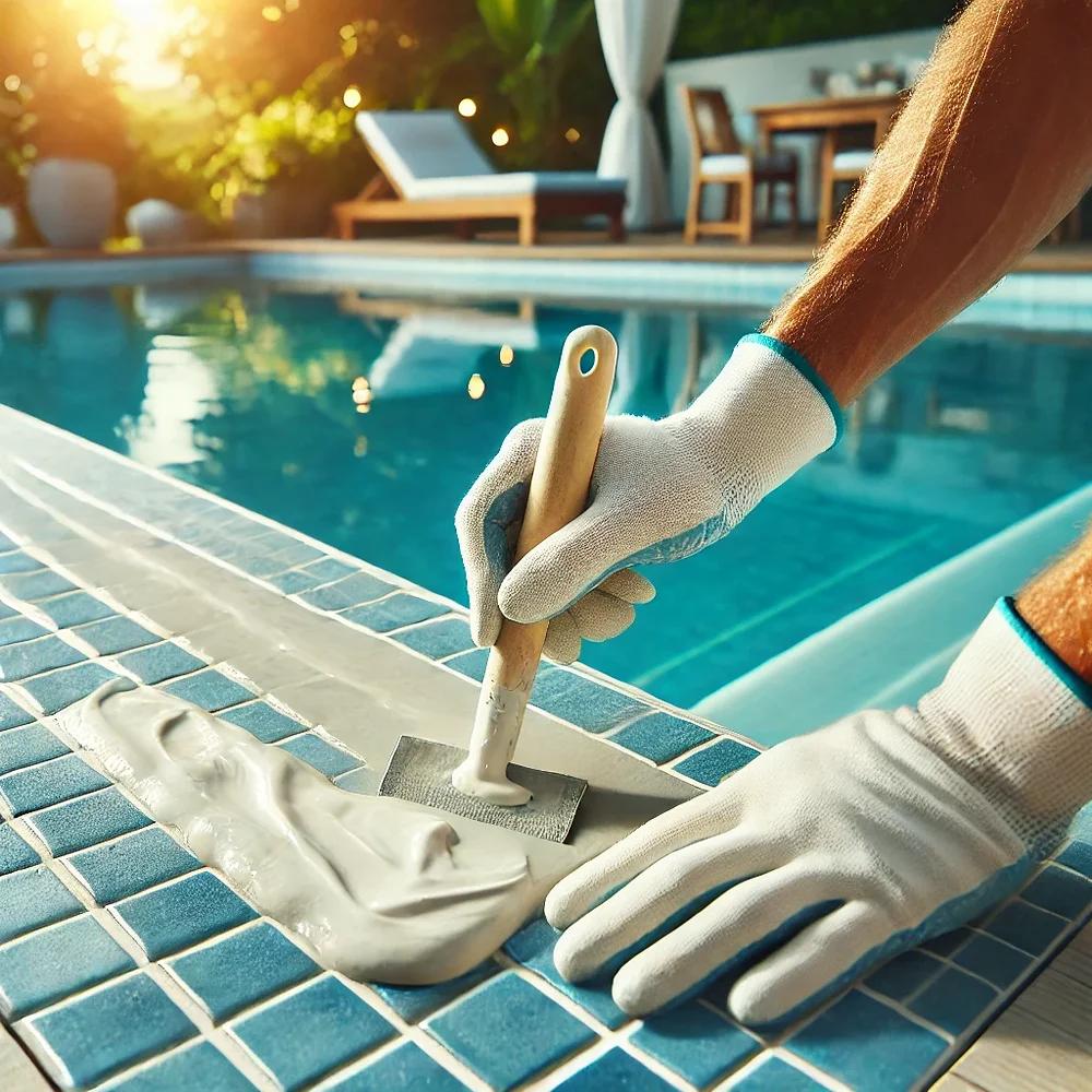 Professional applying epoxy grout between swimming pool tiles